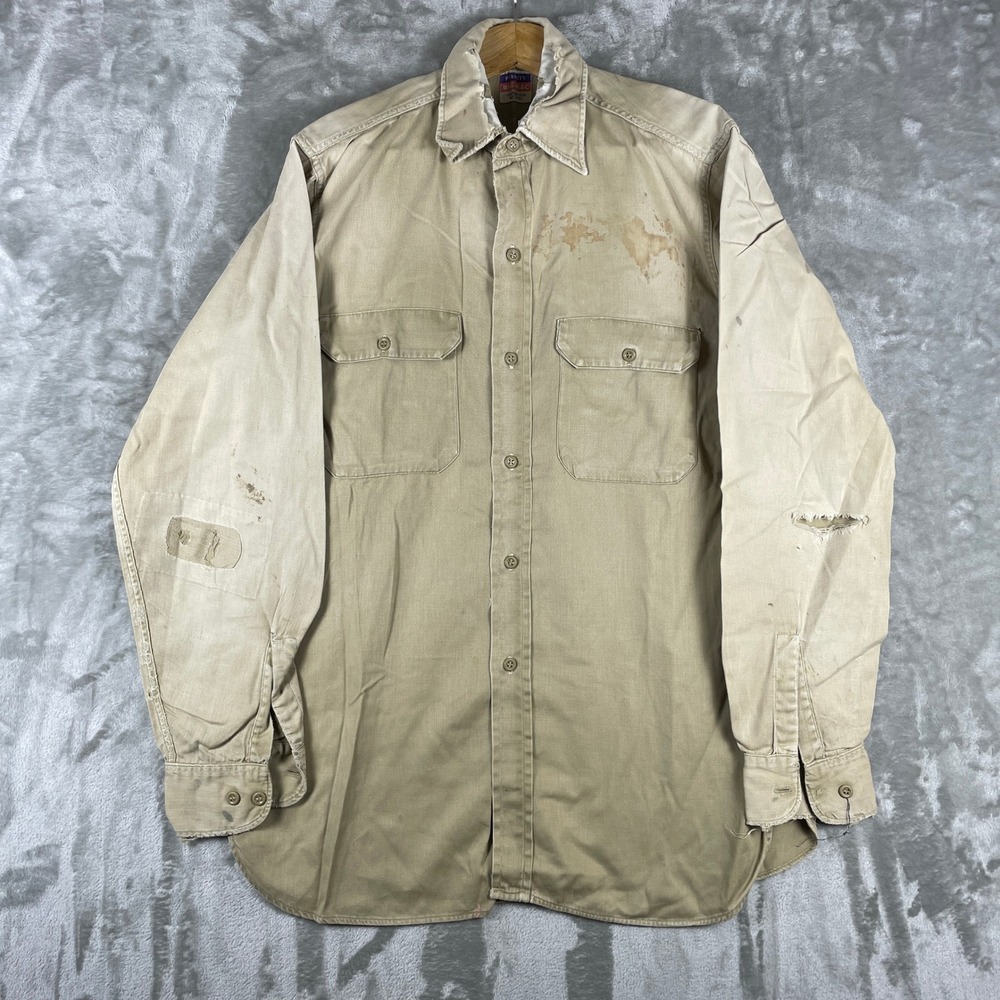 Vintage 1950s Penneys Big Mac Work Shirt Mens L Cotton Twill Distressed Faded